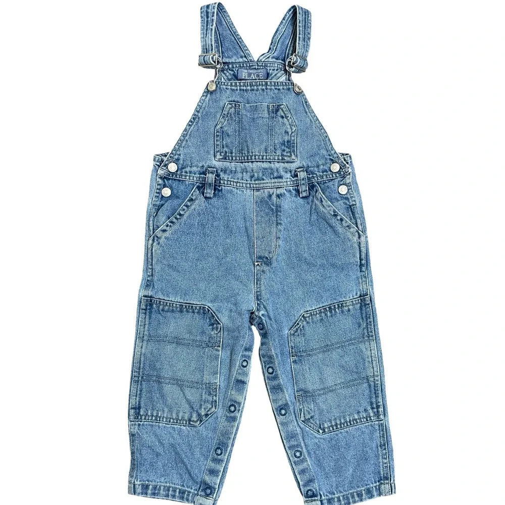 The Children's Place Denim Overalls Unisex 24 M Blue Carpenter Snap Inseam Y2K
